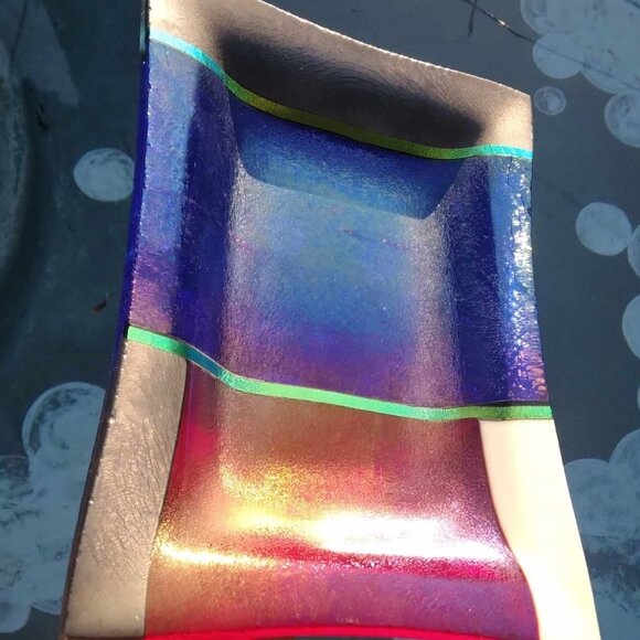 Dichroic Green and Iridescent Blue Purple Red Fused Art Glass Tray - Picture 4 of 7
